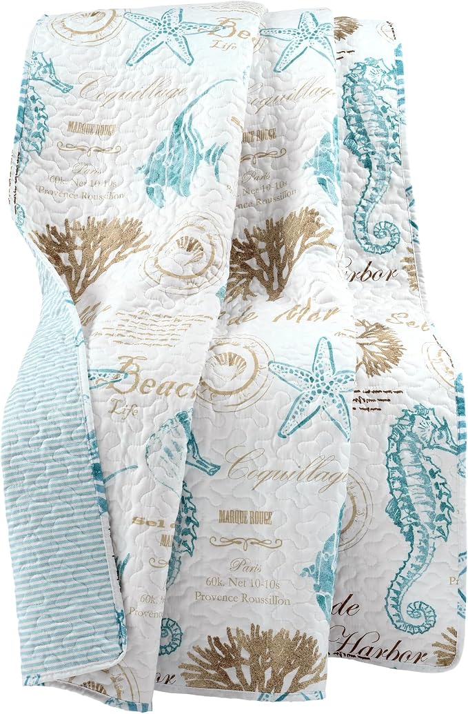 Lush Decor Harbor Life Throw Blanket, 50" W x 60" L, Blue & Taupe - Throw Blankets for Bed - Couch Blanket - Coastal Throw Blanket for Couch