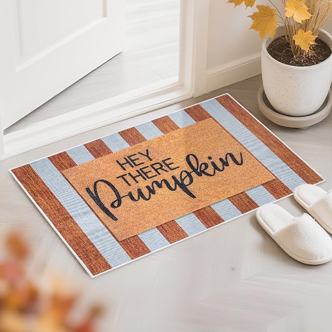 2 Pcs Fall Doormat Hey There Pumpkin Door Mat Fall Non Slip Coir Mats Floor Striped Mat Layering Doormats Seasonal for Thanksgiving Autumn Doormats Front Porch Entryway Decor 23.6 x 31.5 Inch