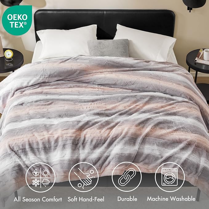 Madison Park Zuri Ultra Soft Faux Fur Queen Blanket Reversible, Blush/Grey | All Season, Ultra Soft, Breathable Fabric for Bed or Couch, Lightweight, Plush, OEKO-TEX Certified