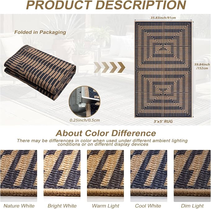 LIVEBOX Jute Look Area Rug 3x5 Indoor Front Door Mat, Washable Outdoor Porch Rugs Non Slip, Boho Geometric Striped Diamond Accent Rug for Entryway (Dark Blue Stripe)