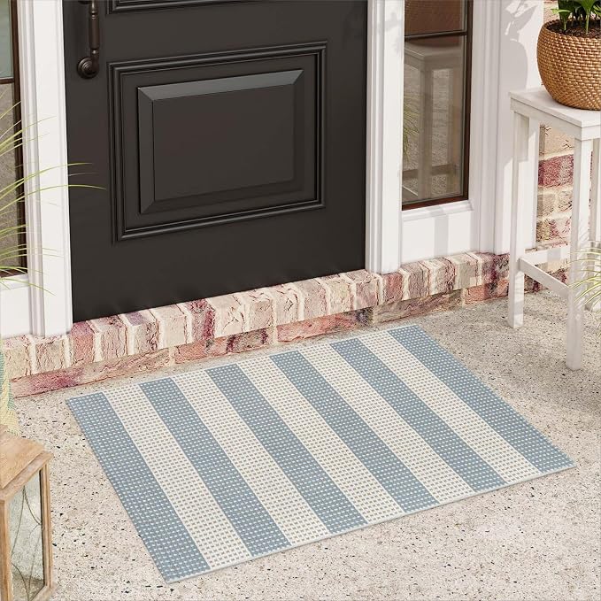 Blue and Cream Striped Rugs 2'x3', Washable Hand Woven Front Door Rug, Outdoor Welcome Mat Foldable Front Door Mats for Entryway Outside Home Entrance Farmhouse