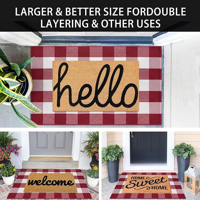 KOZYFLY Buffalo Plaid Rug 27.5x43 Inches Red and White Checkered Rug Christmas Halloween Fall Door Mat Woven Cotton Washable Area Rugs Door Mat Outdoor Entrance for Front Porch Entryway
