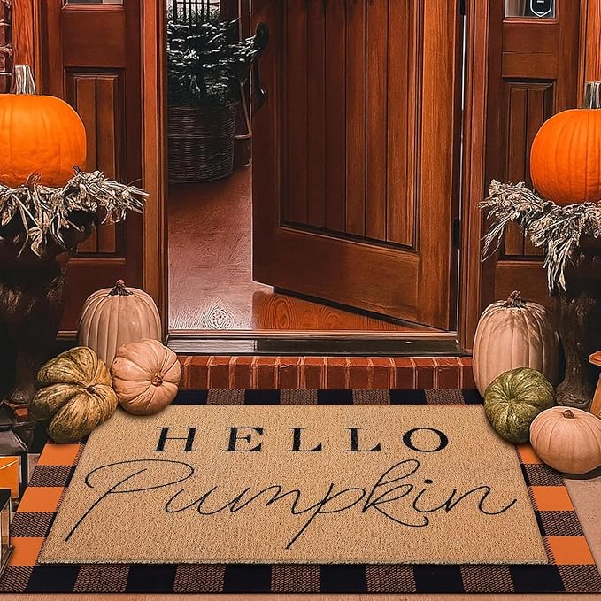 Tinideya 2 Pcs Fall Layering Door Mat Sets, Hello Pumpkin Coir Mats with Black Orange Rug for Autumn Thanksgiving Front Porch Entryway Decor