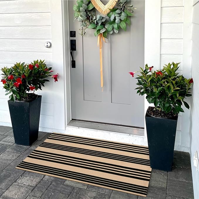 OJIA Front Door Mat 24"x35" Washable Front Porch Rug Outdoor Doormat Decor | Black and Tan Entry Rug Indoor Outdoor Rugs Doormat Cotton Woven Striped Small Area Rugs for Porch/Farmhouse/Home Entrance