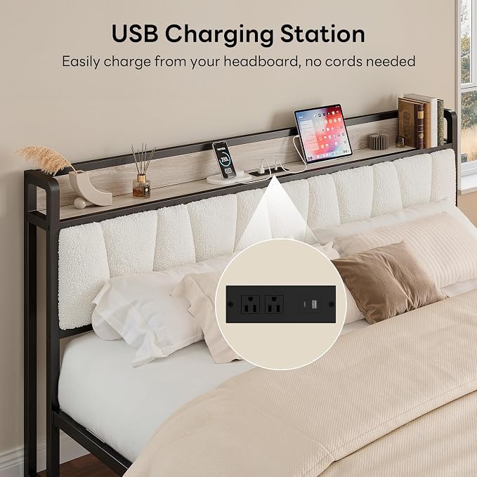 LIKIMIO King Size Bed Frames, Bouclé Storage Headboard with Charging Station, Solid and Stable, Noise Free, No Box Spring Needed, Easy Assembly
