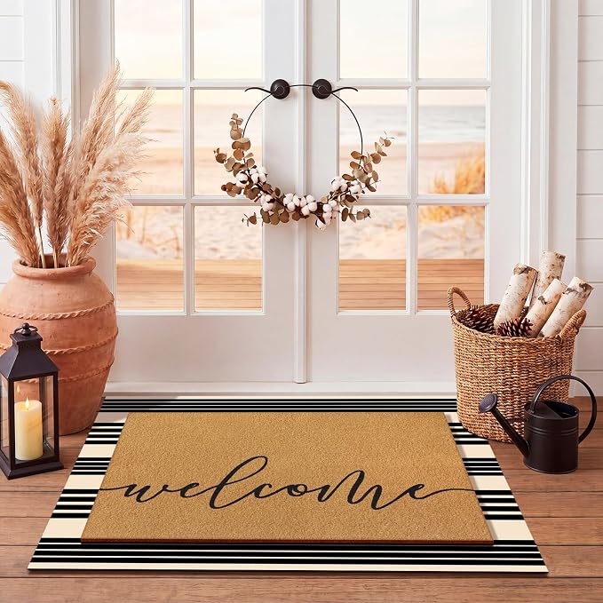 Tinideya 2 Pcs Door Mat Welcome Home Non Slip Coir Mats Floor Layering Black and White Stripes Doormats Seasonal for Front Porch Entryway Decor(23.6 x 35.4 Inches,Western Striped,Brown Black)