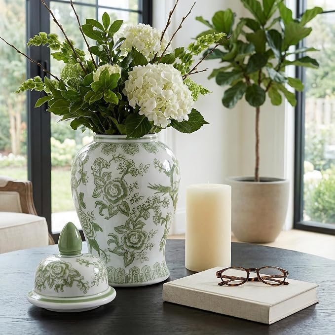 Temple Decorative Jar with Lid – Chinoiserie Ceramic Decorative Stoneware for Home Decor – Modern Centerpiece for Living Room, Bedroom & Office – 14.25", Green & White