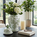 Temple Decorative Jar with Lid – Chinoiserie Ceramic Decorative Stoneware for Home Decor – Modern Centerpiece for Living Room, Bedroom & Office – 14.25", Green & White
