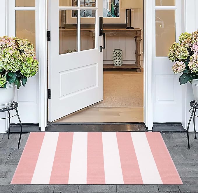 Front Outdoor Door Mat 2'x3',Pink Striped Outdoor Rug Machine Washable Cotton Layered Door Mat Entryway Throw Rug for Indoor Entrance