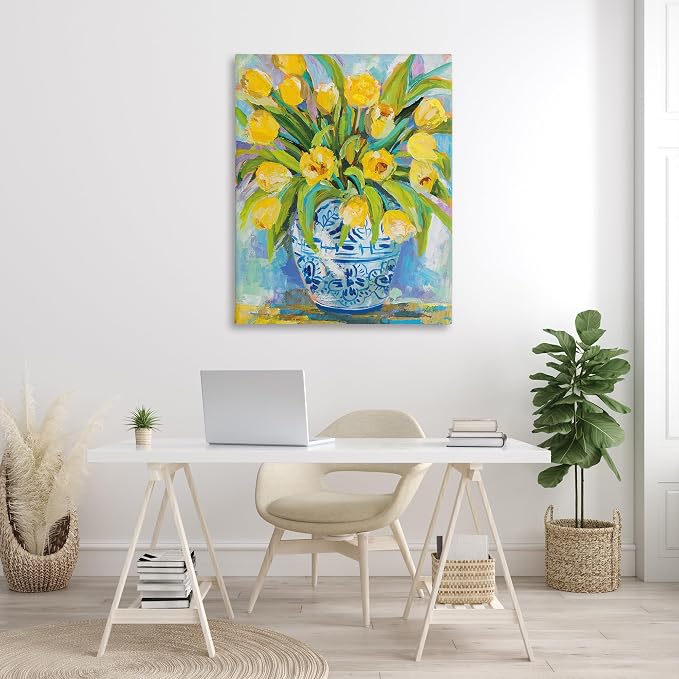 Expressive Yellow Tulips Vase, 36 x 48 Inch Canvas Wall Art | Stupell Industries · By Jeanette Vertentes · Ready to hang · Bright spring home accent · Made in USA