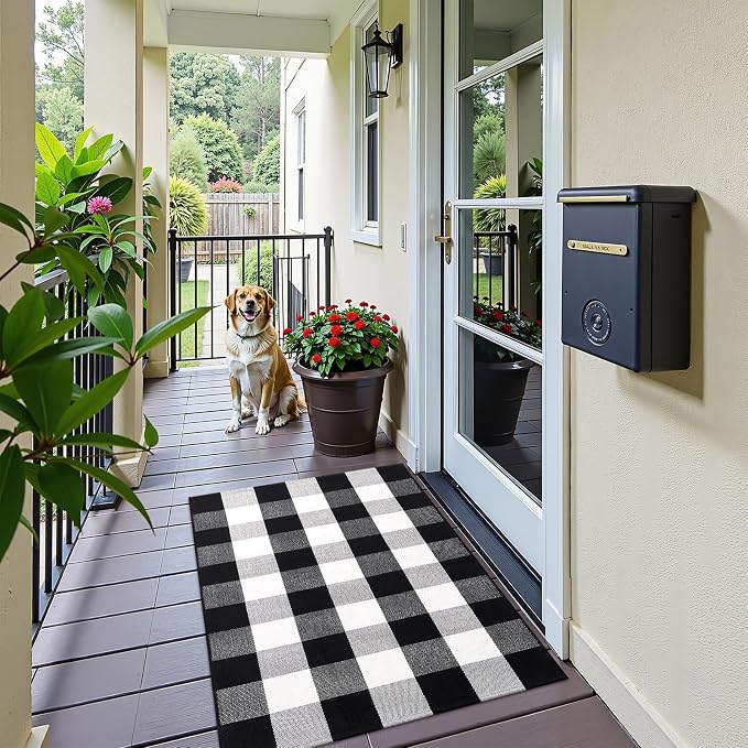 OLANLY Buffalo Plaid Rug 2' x 3' (24" x 36") – Black and White Cotton Checkered Doormat, Washable Indoor Outdoor Rug for Layered Front Porch, Kitchen, Entryway Decor