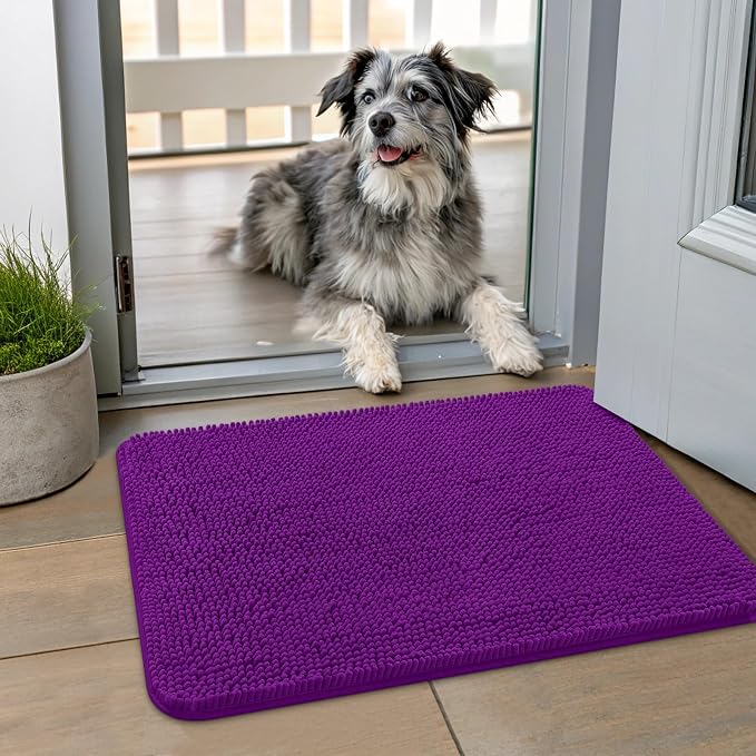 Smiry Dog Door Mat for Muddy Paws 24x16, Absorbent Dirt Trapper, Non-Slip Washable Chenille Entryway Rug for Inside Floor, Purple, Classic Solid