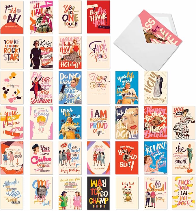 NobleWorks - 36 Assorted Funny Mixed Occasions Blank Greeting Cards Bulk Box Set w/Envelopes, Adult Humor Get Well, Variety Pack for Men and Women (36 Designs, 1 Each) - Mega AC9135XXG-B1x36