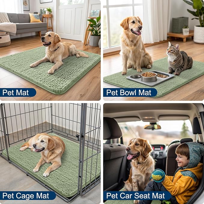 Smiry Dog Door Mat for Muddy Paws 24x16, Absorbent Dirt Trapper, Non-Slip Washable Chenille Entryway Rug for Inside Floor, Sage Green, Classic Solid