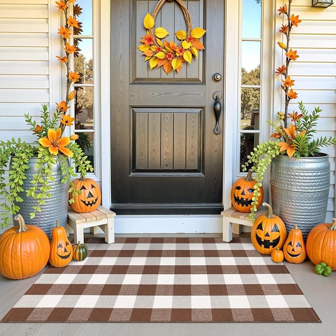 Collive 3x5 Buffalo Plaid Checkered Outdoor Rug, Fall Autumn Decor Door Mat, Coffee and White Washable Front Doormat Outside Entrance, Layered Welcome Mat Porch Area Rugs for Entryway Patio