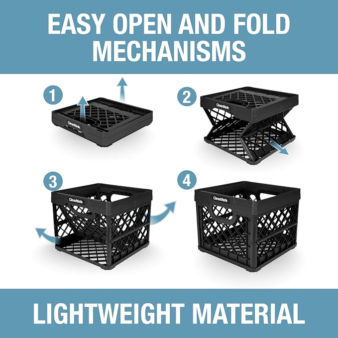 CleverMade Collapsible Milk Crate, 25L, 3 Pack, Obsidian | Built-in rails hold letter-size hanging files. Interlocking crates stack open or folded and carry up to 50 lb each.