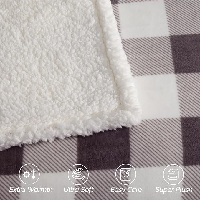 Elegant Comfort Ultra Soft Reversible Buffalo Plaid Flannel Sherpa Blanket - Cozy Silky Checkered Fleece Throw for Couch, Bed - Plush Fuzzy Warm Winter Blanket for Gift, Twin, Gray
