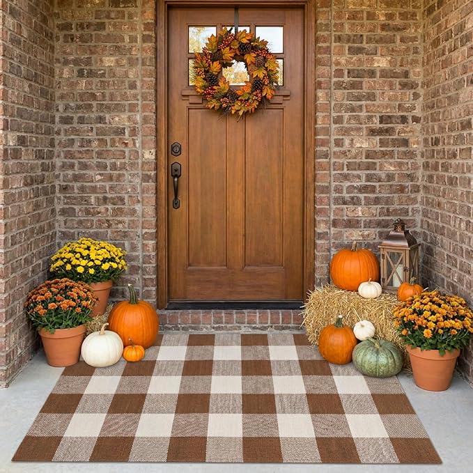 Buffalo Plaid Outdoor Rug 27.5" x 43" Coffee and White Checkered Area Rug Washable Fall Doormats Indoor Outdoor Rugs for Layered Front Door Mats, Porch, Entryway, Kitchen, Farmhouse