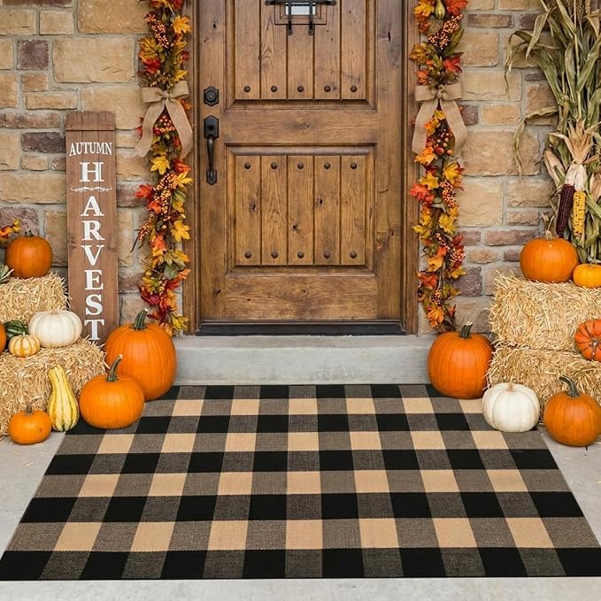 Buffalo Plaid Outdoor Rug 3x5 Ft Coffee and Black Checkered Area Rug Washable Doormats Indoor Outdoor Rugs for Layered Front Door Mats, Porch, Entryway, Kitchen, Farmhouse