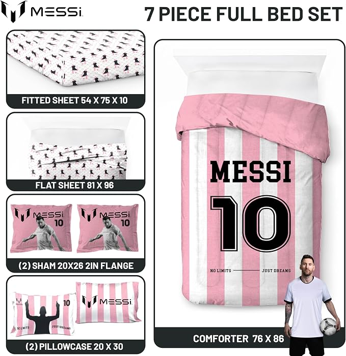 Jay Franco Messi Full Comforter Set 7 Piece Soft Kids Sports Bedding, Pink | Bed in a Bag, Comforter Sheets Shams Pillowcases, Official Product, Soft Microfiber, Machine Washable, Kids Gift