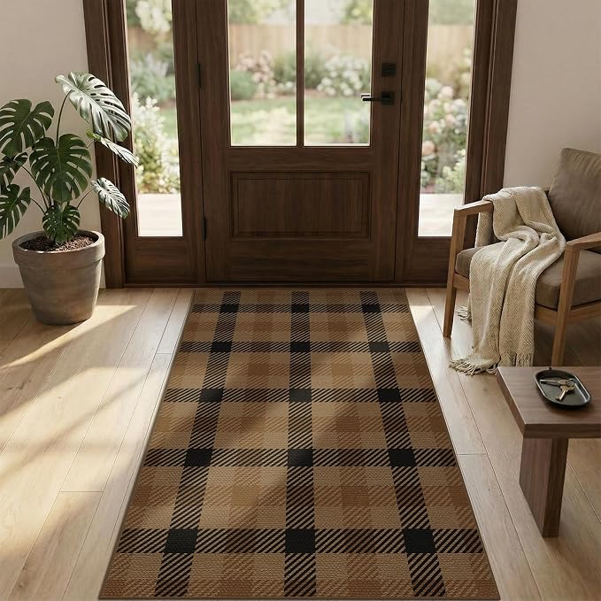Neutral 3x6 Area Rug Indoor Entrance - Easy Jute Brown Checkered Rug for Entryway, Kitchen, Small Living Room, Earthy & Coffee Rustic Accent Décor