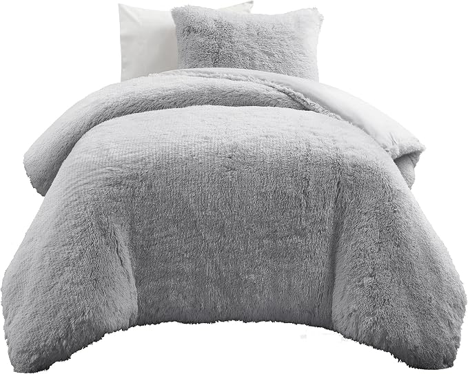 Lush Decor Emma Soft Fluffy Faux Fur Kids College Dorm Oversized Comforter Set, Twin-XL, Light Gray - Warm Plush 2 Piece Bedding Set