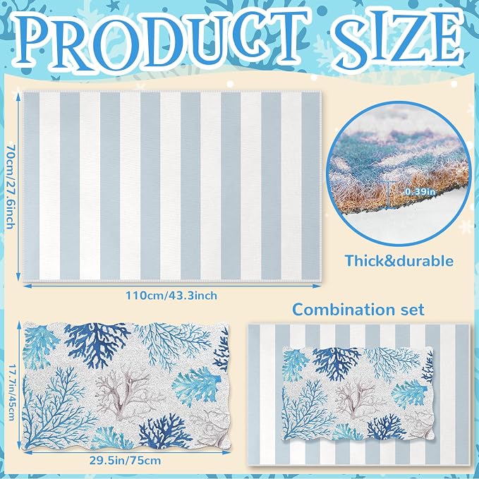 Fourluoo 2 Piece Beach Door Mat Combo Set 100% Coco Coir Welcome Mat and 28 x 40 Inch Blue White Striped Rug Layering Front Door Rug for Outdoor Entrance Front Porch