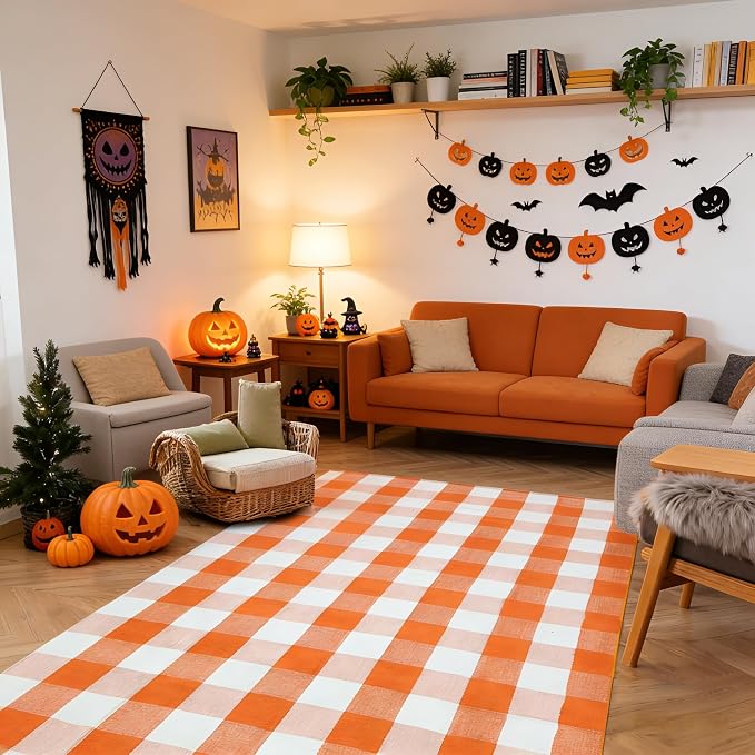 Halloween Orange and White Buffalo Plaid Rug,4' x 6' Indoor Outdoor Washable Rug, Spooky Accent Mat for Halloween Indoor Outdoor Decor, Porch, Living Room, Entryway, Patio