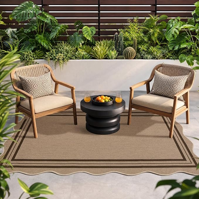 EDIMENS Scalloped Easy Jute 3x5 Outdoor Rug, Washable Non-Slip Geometric Tan Rugs for Entryway, Indoor Outdoor Farmhouse Rug Modern Carpet Door Mat Area Rug for Patio Living Room Porch Kitchen