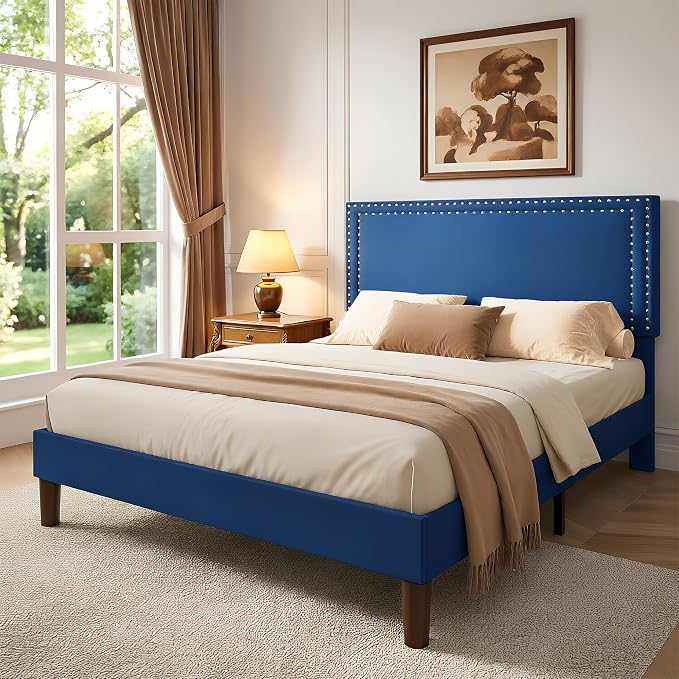 VECELO Queen Size Platform Bed Frame with Height Adjustable Upholstered Headboard, Modern Mattress Foundation,Strong Wood Slat Support, No Box Spring Needed, Easy Assembly,Dark Blue