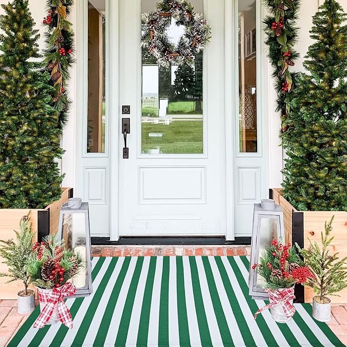 St. Patrick's Day Striped Outdoor Rug Green and White Spring Door Mat 3' x 5' Layered Welcome Mat for Farmhouse Spring Easter Front Porch Entryway Decor