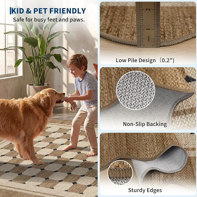 Garvee Easy Jute Rug Scalloped 5x7 Rugs for Living Room, Checkered Washable Non Slip Outdoor Patio Carpet, Farmhouse Indoor Area Rug Neutral Non Slip Carpet for Backyard Dining Room Deck 5'x7'