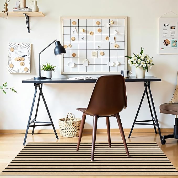 OLANLY Brown and Black Striped Rug 2' x 4'3" (24" x 51") – Washable Cotton Doormat for Indoor Outdoor Use, Layered Front Porch Rug for Entryway, Kitchen, Patio