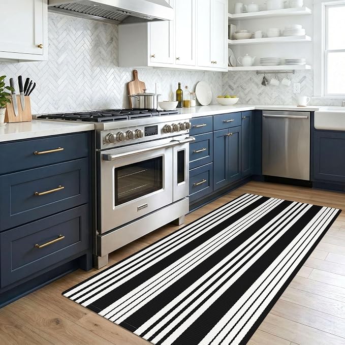 KOZYFLY Striped Rug 3x5 Front Door Rugs Black White Cotton Woven Washable Indoor Outdoor Rug Entrance Doormat for Front Porch Kitchen Patio Decor Outdoor Mat