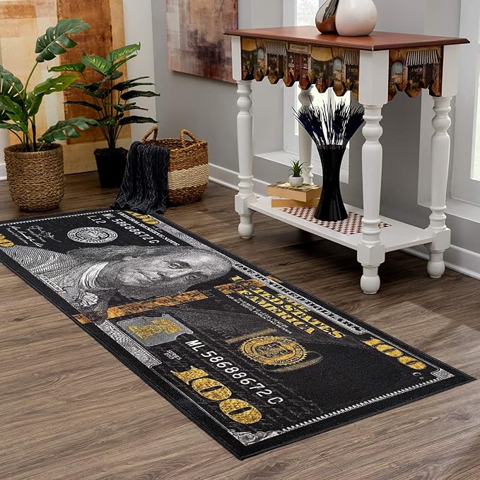 HUAHOO Black Money Rugs 100 Dollar Bill Cool Area Rug Door Mat Runner for Living Room Bedroom Indoor Outdoor Rug (31.5" x 78.7")