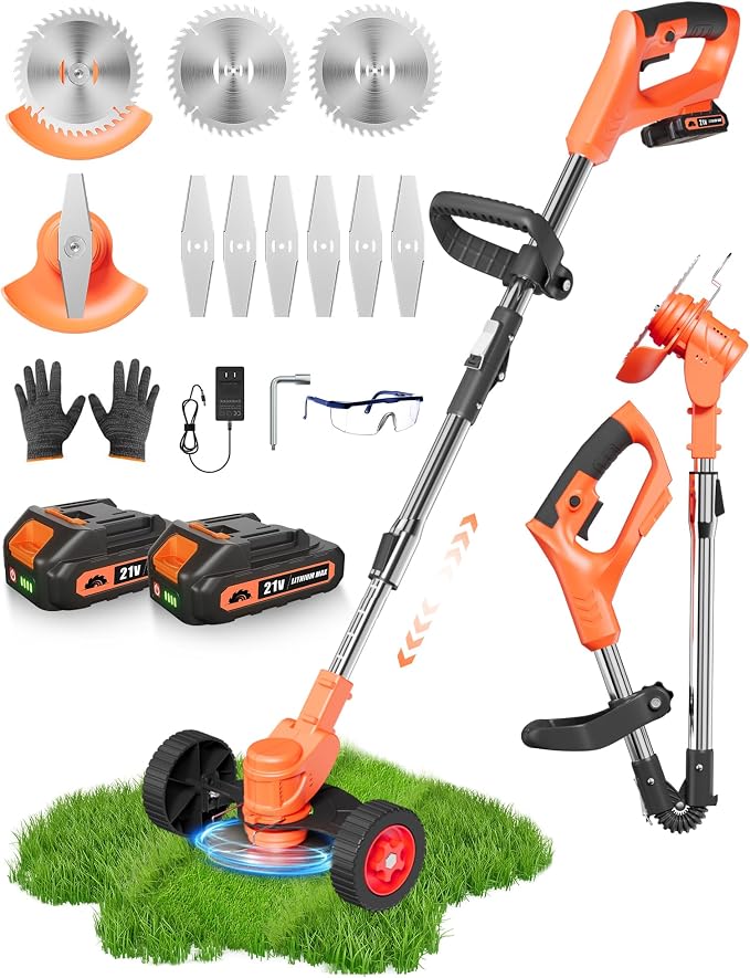 21V Cordless Weed Wacker, Lightweight 3-in-1 Grass Trimmer/Brush Cutter/Edger, Battery Powered Weed Eater with 2×2.0Ah Batteries, Foldable Electric Lawn Mower, 2 Types Blade & Wheels for Garden Yard