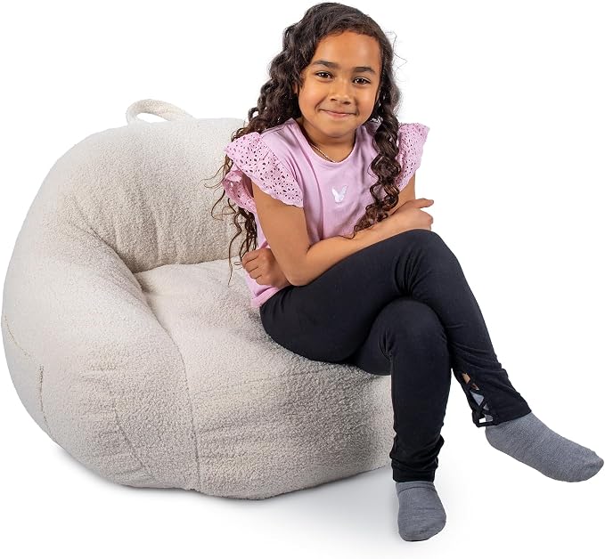 Big Joe Cloudberry Bean Bag Chair, Foam-Filled Structured Seat, Teddy Boucle, Icing, Kids | Premium Shredded Foam Filled, Teddy Boucle, Safe for Kids Ages 3 and Up, Supports Up to 150 lbs, Perfect for Bedroom
