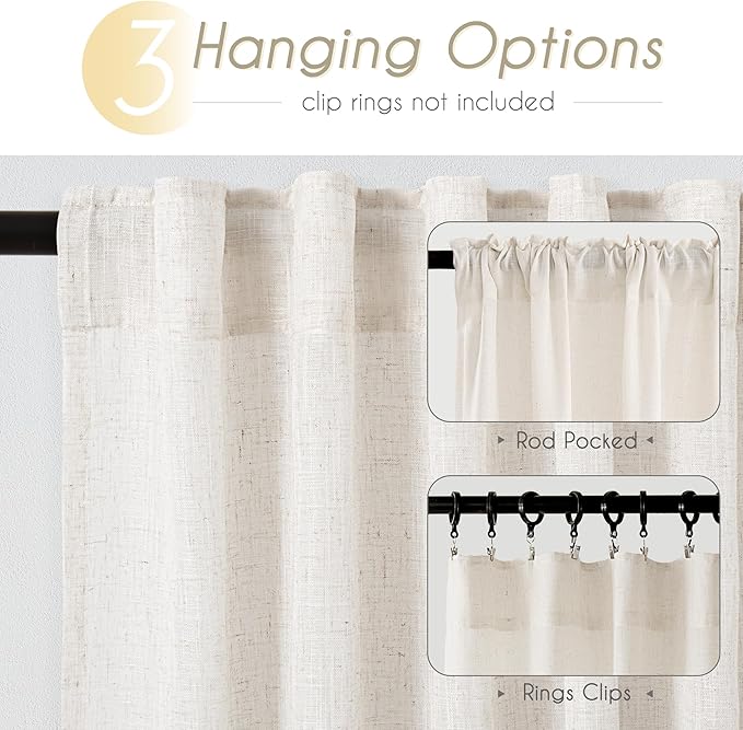 Cream Linen Curtains 72 inch Long 2 Panel Set for Living Room Back Tab Rod Pocket Semi Sheer Light Filtering Bedroom Window Curtain 72 inch Length Modern Farmhouse Rustic Neutral Ivory Linen Drapes