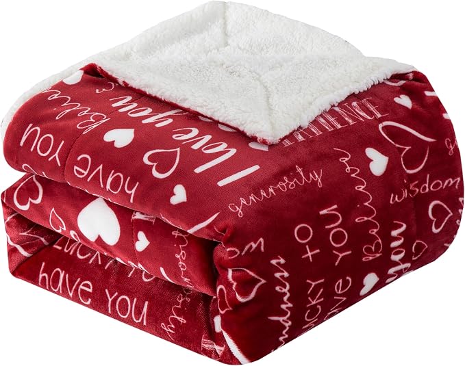 Elegant Comfort Valentine's Day Sherpa Fleece Throw Blanket for Couch - Soft and Warm Sherpa Backing Reversible Red Hearts Flannel Blanket Valentines Decor, 50 x 60 inches, Love You Red