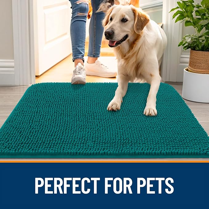 OLANLY Dog Door Mat for Muddy Paws 44x32, Absorbs Moisture and Dirt, Absorbent Non-Slip Washable Doormat, Quick Dry Chenille Mud Mat for Dogs, Entry Indoor Entryway Carpet for Inside Floor, Lake Blue