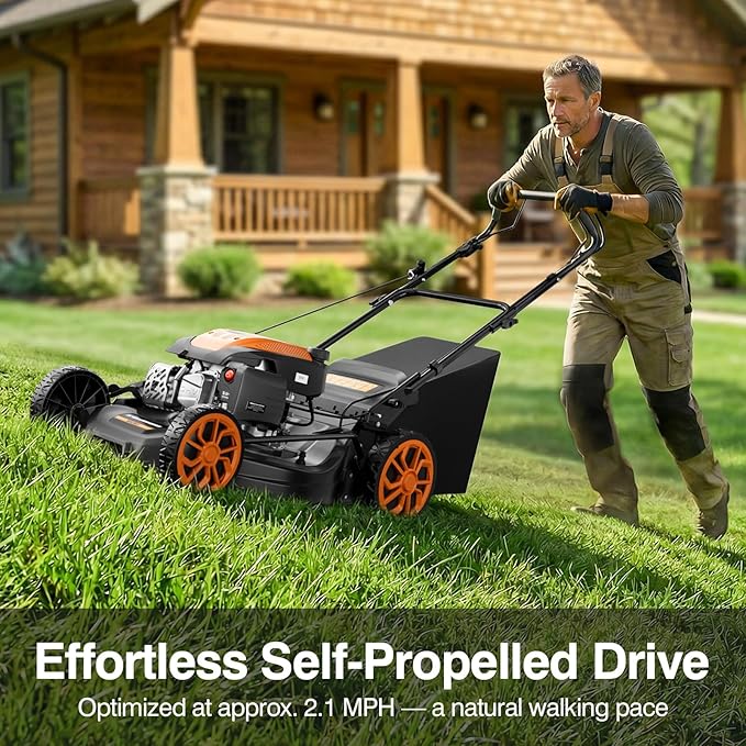 21" Lawn Mower Gas Self Propelled 170CC 4-in-1 Gas Lawnmower with Bag | Mulch/Rear Bag/Side Discharge/Rear Discharge, 7-Position Cutting Height, Foldable Handle for Garden Backyard