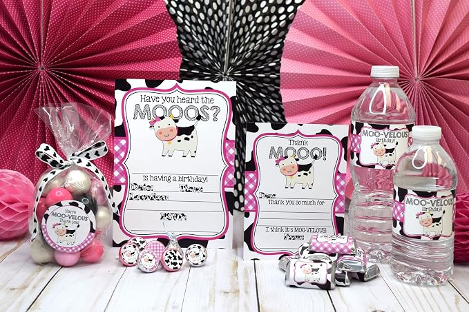 Amanda Creation Deluxe Heard the Moos Pink Cow Birthday Party Bundle Includes 20 Invitations & Thank You Cards with Envelopes + Stickers, Mini Candy Bar Wrappers, & Water Bottle Labels!