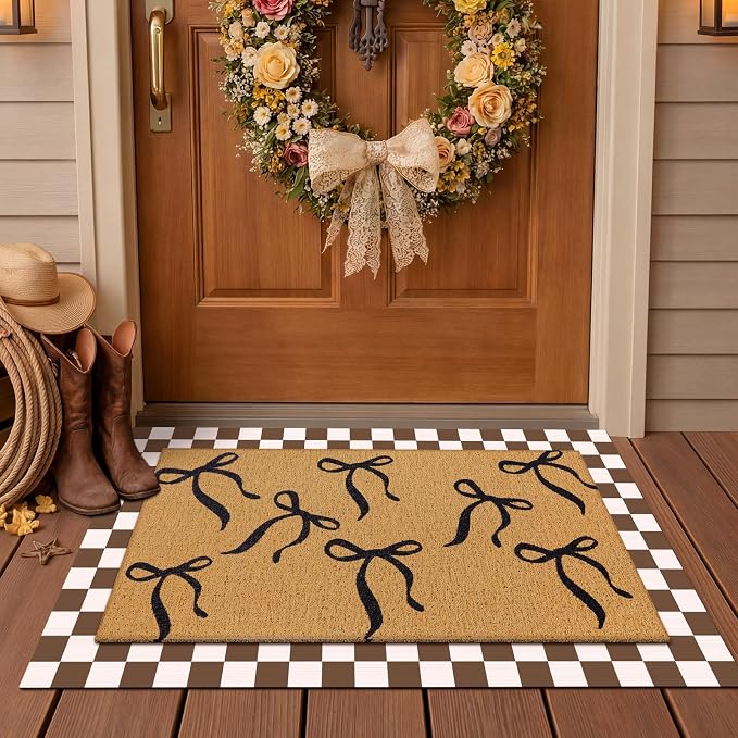 Tinideya 2 Pcs Coquette Boho Bows Custom Door Mat Welcome Non Slip Coir Mats Floor Layering Doormats Seasonal for Front Porch Entryway Decor(Boho Bows)