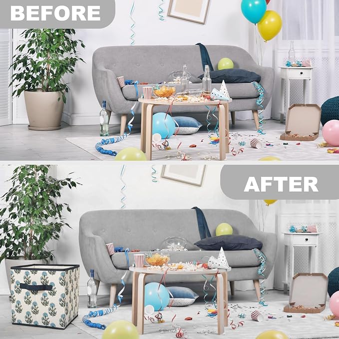 Bokon 6 Pcs 11 Inch Block Print Storage Bins Cube Cyan and White Storage Basket Rustic Floral Foldable Fabric Organizing Bins with Handles for Home Office Shelves Closets Clothes Toys Books