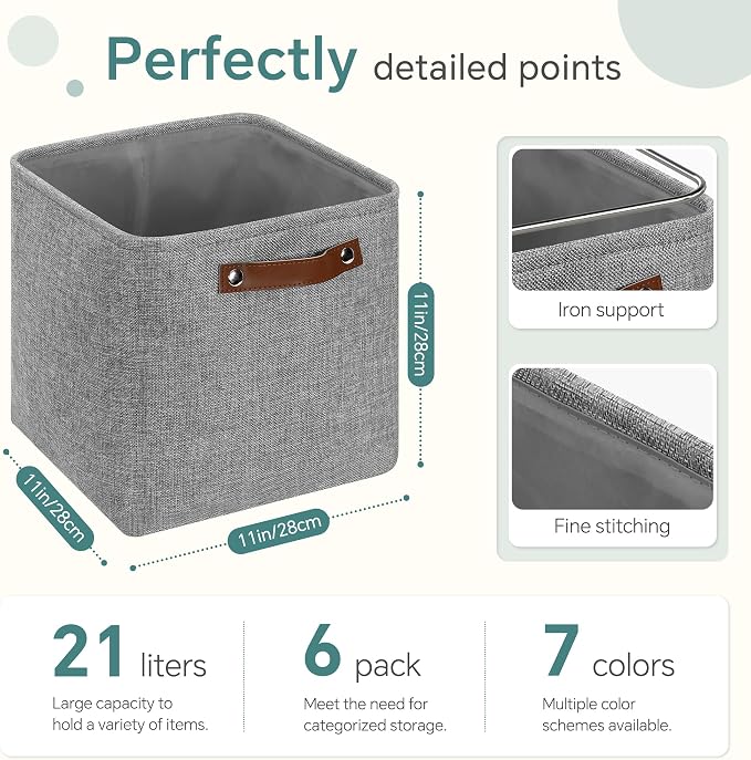 FinishingBo 11 inch Cube Storage Bin 6 Pack, Cube Organizer Bins | Fabric Storage Bins With Handles, 11x11 Storage Cubes, Shelf Basket, Gray