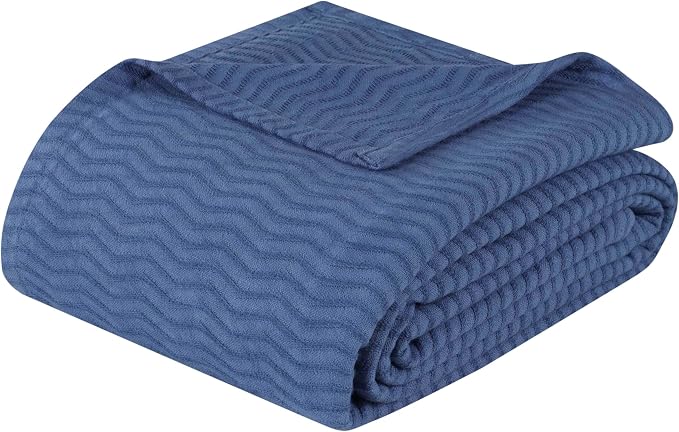 Superior JENA Cotton Blanket Picnic, Beach, Traveling or Camping, Bedroom Decor, Essentials, Cover for Bed, Couch, Lounging, Textured Jacquard, Modern Chevron Woven Blanket, Full/Queen, Merritt Blue