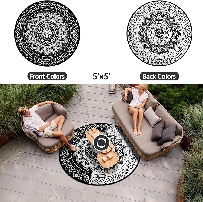 Round Outdoor Rugs for Patios, 5Ft Waterproof Reversible Plastic Straw Mat with Carry Bags, Boho Lightweight Outdoor Carpet Portable Round Floor Mat for Patio Camping Picnic Backyard RV,Black & White