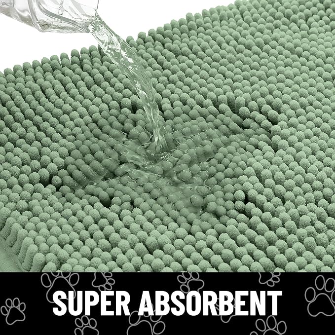Smiry Dog Door Mat for Muddy Paws, Absorbent Dirt Trapper Non Slip Quick Dry Washable Chenille Mat for Mud Dogs, Entry Rug for Indoor and Outdoor (36x24 Inches, Olive Green and White)