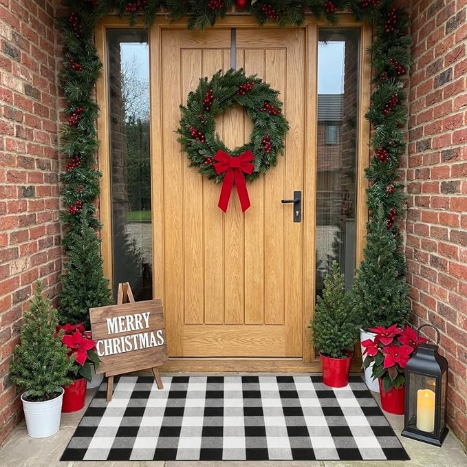SEEKSEE Buffalo Plaid Outdoor Rug 3' x 5' Black and White Front Door Mat, Layering Rug for Porch, Washable Doormat, Cotton Area Rug for Outdoor Entrance Entryway Patio Porch Decor