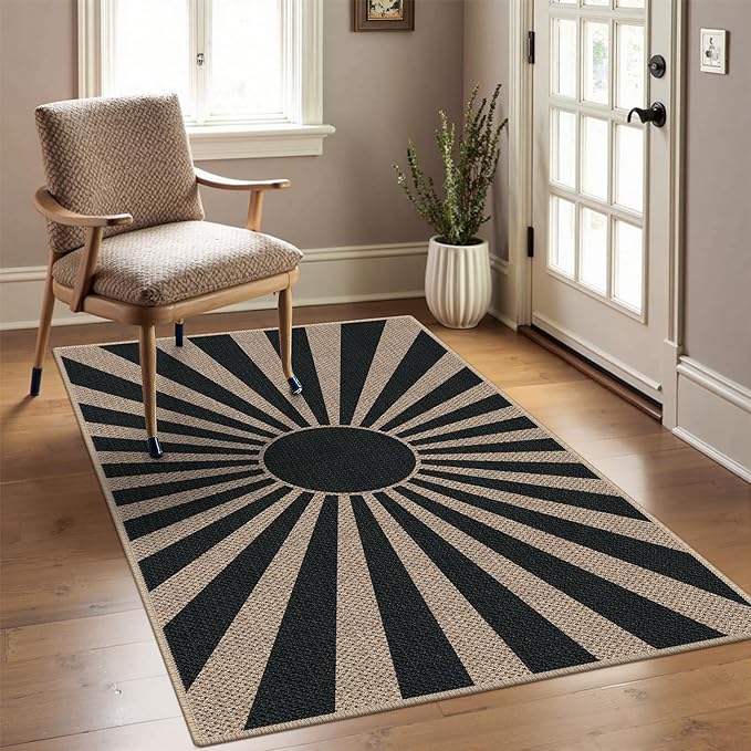 Easy Jute 3x5 Black Sun Area Rug,Washable Entryway Rug, Modern Boho Door Carpet,Neutral Non-Slip Outdoor Indoor Farmhouse Rug for Living Room Kitchen Patio Bedroom